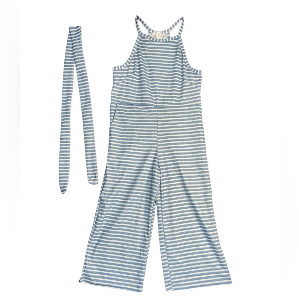 Denim w/ White Strip Zip-Up Wide leg Capri Romper Jumpsuit with Tie Belt